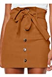 Meyeeka Bodycon Suede Skirts for Women Plain Solid Button Front Leather High Waist Mini Skirt S Khaki