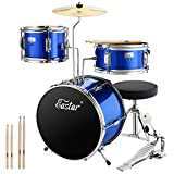 Drum Set Eastar 14 inch Drum Set for Kids, 3-Piece with Adjustable Throne, Cymbal, Pedal & Two Pairs of Drumsticks, Junior Drum Set with Bass Tom Snare Drum, Drum Kit for Beginners, Mirror Blue
