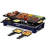 CUSIMAX Raclette Grill Electric Grill Table, Portable 2 in 1 Korean BBQ Grill Indoor & Cheese Ractlette, Reversible Non-stick plate, Crepe Maker with 8 Paddles & Shovels, Upgraded Version Blue