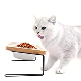 FUKUMARU Elevated Cat Ceramic Bowls, Small Dog 15° Tilted Raised Food Feeding Dishes, Solid Bamboo Water Stand Feeder Set for Cats and Puppy