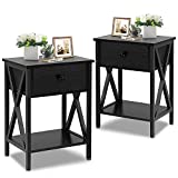 VECELO Night Stands for Bedroom Rustic Nightstand Bedside End Tables with Drawer Storage, Classic Black,Set of 2