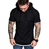 Men's Casual Hooded T-Shirts - Fashion Short Sleeve Solid Color Pullover Top Summer Blouse Black
