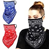 MoKo Scarf Mask Bandana with Ear Loops 3 Pack, Neck Gaiter Balaclava UV Sun Protection Face Mask for Dust Wind Outdoors Motorcycle Cycle Bandana Headband for Women Men - Red/Blue/Black