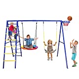 Hapfan 440lbs Metal Swing Sets for Backyard with Heavy Duty Swing Frame, Saucer Tree Swing,Belt Swing,Climbing Rope,Climbing Ladder,Basketball Hoop