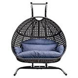 Hanging Egg Chair with Stand, 2 Person Heavy Duty Hanging Wicker Rattan Swing Chair Basket Hammock Nest Seat with Cushion for Indoor Outdoor Patio Lounger Perfect for Balcony Garden Decoration (Blue)