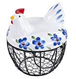 Rural365 Chicken Egg Basket in Blue and Green Design Ceramic Chicken Shaped Lid with Round Wire Basket Base and Handles