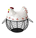Chicken Egg Basket Egg Storage Basket with Cercamic Lid Round Wire Basket Base and Handles Metal Wire Container Egg Basket Holder Display for Home Kitchen Décor
