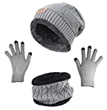 Winter Beanie Hat Scarf Gloves Slouchy Snow Knit Skull Cap Scarves Touch Screen Mittens for Women Grey