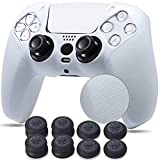 YoRHa Grip Texture Silicone Cover Skin Case for PS5 Dualsense Controller x 1(White) with Pro Thumb Grips x 8