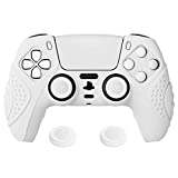 eXtremeRate PlayVital Guardian Edition White Ergonomic Soft Anti-Slip Controller Silicone Case Cover for Playstation 5, Rubber Protector Skins with White Joystick Caps for PS5 Controller