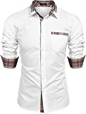 COOFANDY Men's Cotton Dress Shirt Long Sleeve Slim Fit Button Down Plaid Collar Shirt with Pocket White