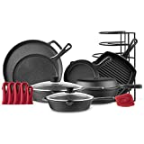 Cast Iron Cookware 11-Pc Set - 8" Skillet + 10"+12" Skillets with Glass Lid + Grill Pan + Multi-Cooker/Dutch Oven + Griddle + Pizza Pan + Panrack + Scraper - Pre-Seasoned Complete Kit - Indoor/Outdoor