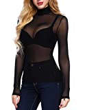 Kate Kasin Long Sleeve See Through Black Shirts for Women (L,Black)