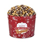 Popcornopolis Gourmet Popcorn 1.26 Gallon Tin with Zebra Popcorn, Red Christmas Tin with Silver Snowflakes