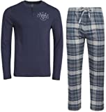 Lucky Brand Men's Pajama Set - 2 Piece Long Sleeve Henley T-Shirt and Flannel Lounge Pants, Size Medium, Indigo/Blue Plaid