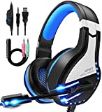 NPET HS10 Stereo Gaming Headset for PS4 PC Xbox One PS5 Controller, Noise Cancelling Over Ear Headphones with Mic,LED Light, Bass Surround, Soft Memory Earmuffs for Laptop Mac Nintendo NES Games Blue