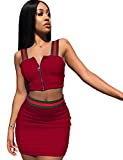 Womens Sexy 2 Pieces Bandage Zipper Crop Tops Bodycon Skirts Party Clubwear Dress Outfit Set (M, red)