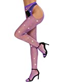 RSLOVE Fishnet Stockings Rhinestone High Waist Tights Pantyhose Women's Sexy Sparkle Stockings Purple