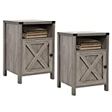 Farmhouse Nightstand, Side Table, Set of 2 End Table with Barn Door and Shelf, Modern Bed Side Table End Table, Rustic Nightstands Set for Bedroom, Living Room, Set of 2, Grey Wash