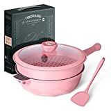 TIBORANG 7 in 1 Multipurpose 11 Inch 5 Quart Heat Indicator Nonstick Deep Frying Pan with Glass Lid, Stay-cool Handle, Steamed Grid, PFOA-Free,Dishwasher and Oven Safe,Works with All Stovetops (Pink)