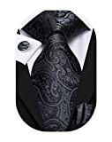 Hi-Tie Black Necktie Silk Mens Paisley Tie Jacquard Woven Handkerchief Set with Cufflinks for Business Wedding