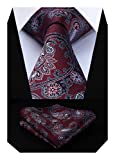 HISDERN Burgundy Ties for Men Paisley Mens Ties and Pocket Square Set Business Floral Red Necktie Handkerchief Classic Woven Formal Wedding Party
