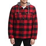 Levi's Men's Cotton Shirt Jacket with Soft Faux Fur Lining and Jersey Hood, Red Buffalo Check Plaid, Medium