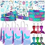 Hicarer 24 Pieces Mermaid Bags Tattoos Bracelets Keychains Set, Mermaid Silicone Wristband Party Favor Bags Mermaid Stickers Temporary Tattoos Keychains for Under The Sea Party Favors