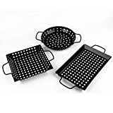 waykea 3-Piece Grill Baskets Set for Outdoor Grill, Long Lasting Non-stick BBQ Pan Set with Handles, Outdoor Grilling Accessory with Holes for Veggies & Meats, Camping Cookware for Grills & Smokers