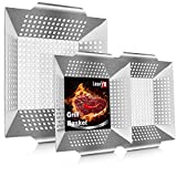 Leonyo 12" & 8" Grill Basket for Vegetables & Meat  3PCS Heavy Duty Grill Utensils Set, Built to Last Stainless Steel Barbecue Grilling Accessories for All Grills & Smokers & Veggie, Grilling Gift