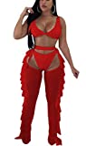 Yeshire Women's Sexy 2 Pieces Outfit See Through Crop Top and Pants Sets Mesh Cover Up Backless Jumpsuits Clubwear X-Large Red