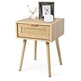 Modern Night Stand, End Table with Rattan Weaving Drawer, Side Table with Wood Legs, Wooden Accent Table with Storage Space, Nightstand for Living Room,Bedroom,Lounge,Foyer,Entryway (Natural)