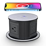 Automatic Pop up Power Outlet with 15W Wireless Charger,Pop up Electrical Outlets for Countertops,4.7'' Diameter Round Pop Up Counter Outlet with 4 Outlets,2 USB,Hidden Outlet,Pop Out Outlet