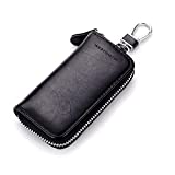 Unisex Mens Womens Premium Leather Car Key Holder Bag Keychain Case Wallet with 6 Hooks Zipper Closure, Black