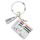 Circle Bangle Leather Keychain Wallet ID Card Holder Keyring Wristlet Bracelet Key Ring Chain Tassel Purse Women Girls (White Marble)