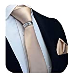 GUSLESON Brand Men's Solid Silk Wedding Champagne Ties Neckties and Pocket Square Bar Pins Clasp Sets (0799-10-S)
