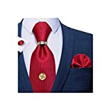 DiBanGu Mens Silk Solid Red Necktie Gold Tie Tack with Chain Gold Tie Ring Pocket Square Cufflinks Gift Box Set Formal