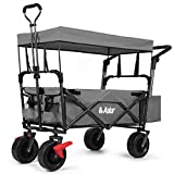 AUKAR Collapsible Canopy Wagon - Heavy Duty Utility Outdoor Foldable Garden Cart - with Adjustable Push Pulling Handles,Big Wheels for Sand, for Shopping, Picnic, Camping, Sports - Grey