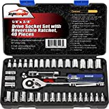 EPAuto 40 Pieces 1/4-Inch & 3/8-Inch Drive Socket Set with 72 Tooth Reversible Ratchet