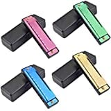4PCS Key of C 10 Hole 10 Tones Titanium Color Harmonica with Case for Beginner Students Kids（Gold, Purple, Green, Blue）