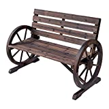 Outsunny Wooden Wagon Wheel Bench, Rustic Outdoor Patio Furniture, 2-Person Seat Bench with Backrest, Carbonized