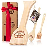Easy Function Wood Grill Scraper - Wooden Alternative for A BBQ Grill Brush - Enjoy Safe Grill Cleaning & Bristle Free Barbecue - with Bonus Tongs and Basting Brush