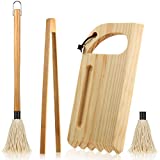 Wood Grill Scraper Tool Set, Wooden Barbecue Grill Grate Cleaner, Wood Grill Brush BBQ Scrapers with Grooved and Flat Edge, Wooden Bamboo Toast Tongs and Grill Basting Mop with 1 Replacement Head