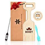 Woody Wood Grill Scraper - Natural Cedar Wood BBQ Grate Cleaner Tool with Meat Thermometer & Basting Brush - Safe Replacement for Brush with Wire Metal Bristles - Wooden Grill Scraper