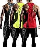 ATHLIO CLSX Men's Dry Fit Muscle Workout Tank Tops, Y-Back Bodybuilding Gym Shirts, Athletic Fitness Tank Top, Mesh 3pack(ctn03) - Neon Yellow/Red/Camo Black, Medium