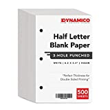 Dynamico Half Letter Blank Paper, 3 Hole Punched, Bright White Printer Binder Refill, 8.5 x 5.5 Inches, For 3 Ring Binders and Clipboards, 24lb Bond, 60lb Text, 90 GSM, 500 Per Pack