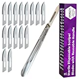 Pack of 15 Surgical Blades 10 and Stainless Steel Scalpel Handle, Size 10 Scalpel Blades with Handle, High Carbon Steel Dermablade Surgical 10 Blades with Stainless Steel Handle