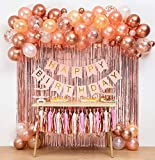 Rose Gold Birthday Party Decorations&Balloons Arch Garland(Rose Gold),Pink Happy Birthday Banner,Fringe Curtain 2pcs,Paper Tassel,Balloon Decoration Tools,Confetti Balloons,for Girl Party Photo Props
