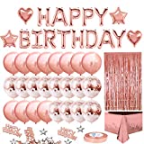 MOVINPE Rose Gold Birthday Party Decoration, Happy Birthday Banner, Rose Gold Fringe Curtain, Foil Tablecloth, Heart Star Foil Confetti Balloons, 10g Table Confetti for Women Girl Birthday Party