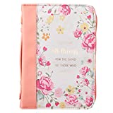 Christian Art Gifts Women's Fashion Bible Cover He Works All Things for Good Romans 8:28, Peach Floral Faux Leather, XL